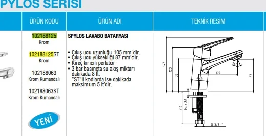 ELMOR ECA SPYLOS LAVABO BATARYASI - Adet