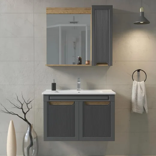 ERSE BANYO DİANA 80 CM ÇAM-ANTRASİT ASMA BANYO DOLABI MOBİLYASI TAKIMI