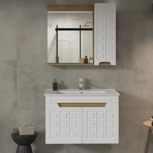 ERSE BANYO VİRA 80 CM ÇAM-BEYAZ ASMA BANYO DOLABI MOBİLYASI TAKIMI